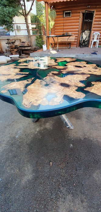 Epoxy Dining Table, Epoxy Resin Table, Custom 54” Diameter Round Olive Table, Turquoise Green Epoxy Irregular Table, Custom Order for Marlyn