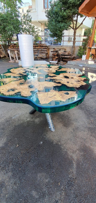 Epoxy Dining Table, Epoxy Resin Table, Custom 54” Diameter Round Olive Table, Turquoise Green Epoxy Irregular Table, Custom Order for Marlyn
