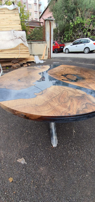 Epoxy Coffee Table, Epoxy Dining Table, Epoxy Resin Table, Custom 45” Diameter Round Walnut Wood Metallic Gray Epoxy Table Order for Daniela