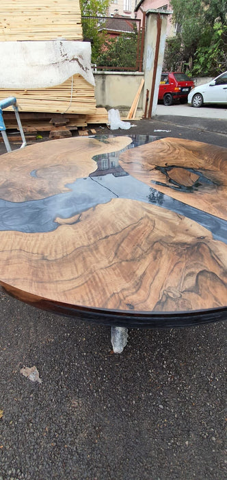Epoxy Coffee Table, Epoxy Dining Table, Epoxy Resin Table, Custom 45” Diameter Round Walnut Wood Metallic Gray Epoxy Table Order for Daniela