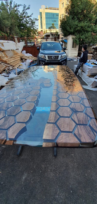 Honeycomb Epoxy Resin River Table, Custom 115 x 60 Clear Resin Walnut Conference Table, Handmade Epoxy Table, Unique Resin Table for Tim