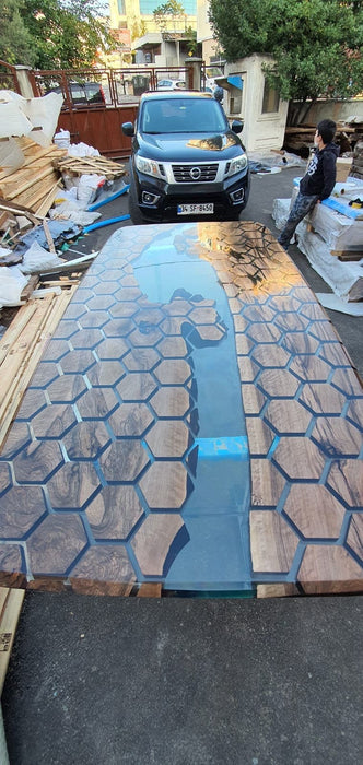 Honeycomb Epoxy Resin River Table, Custom 115 x 60 Clear Resin Walnut Conference Table, Handmade Epoxy Table, Unique Resin Table for Tim