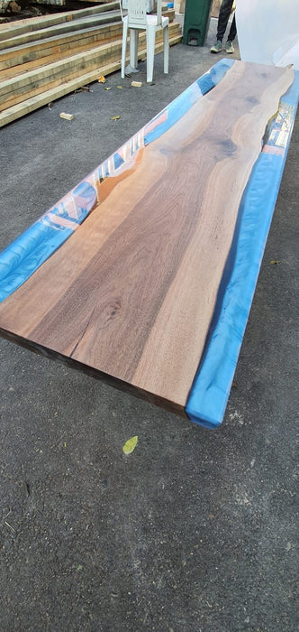 Handmade Epoxy Table, Epoxy Dining Table, Epoxy Resin Table, Custom 74” x 17” Walnut Blue Epoxy, River Dining Table Bench Order for Connie