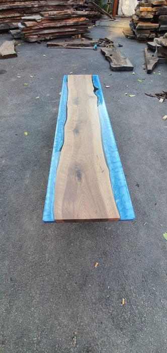Handmade Epoxy Table, Epoxy Dining Table, Epoxy Resin Table, Custom 74” x 17” Walnut Blue Epoxy, River Dining Table Bench Order for Connie