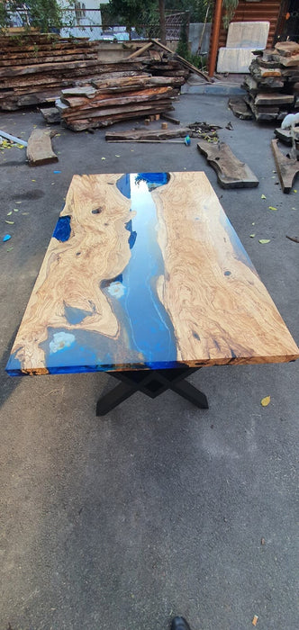 Epoxy Resin Dining Table, Custom 60” x 36” Olive Wood Blue Turquoise Aquarium Epoxy, River Dining Table with Turtles, Order for Marie