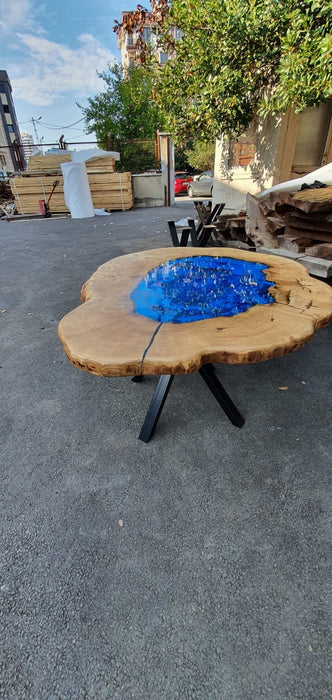 Round Dining Table, Custom Coffee Table, Epoxy Coffee Table, Custom 30" Oval Walnut Deep Blue Coffee Table, Live Edge Table, Order for VN