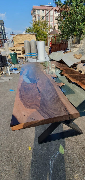 Epoxy Dining Table, Epoxy Resin Table, Custom 72” x 36” Walnut Clear Table, Epoxy River Dining Table, Custom Order with Bench for Jean