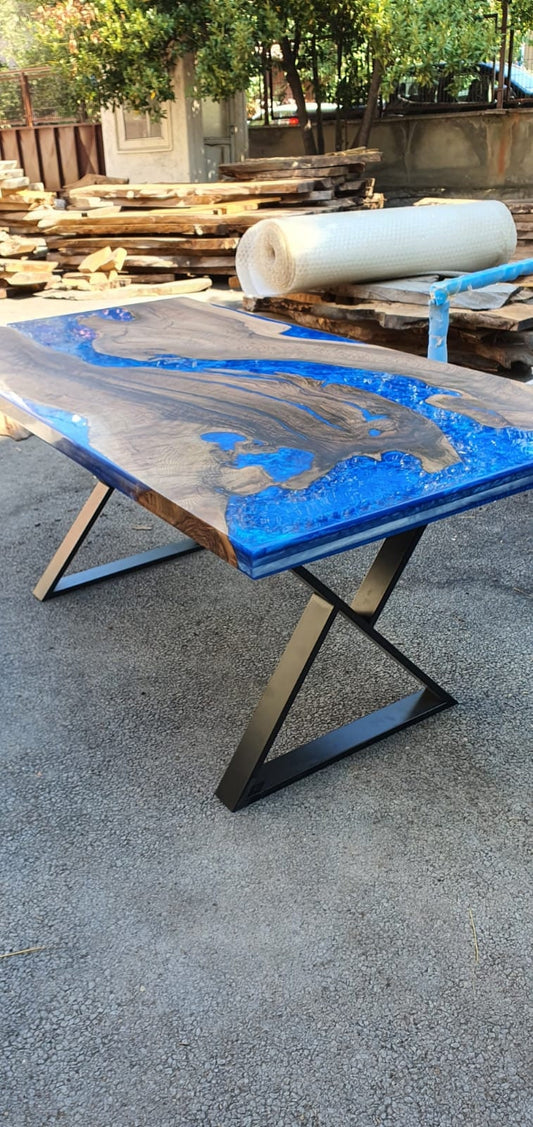 Epoxy Dining Table, Custom 80” x 38” Walnut Blue Table, Epoxy River Table, Live Edge Table, Epoxy Resin, Custom Order for Gloria