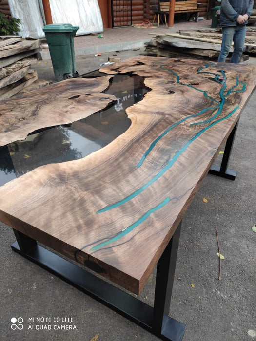 Walnut Dining Table, Epoxy Resin Table, Custom 70” x 36” Walnut Smokey Gray Table,  Epoxy River Phosphorus Glowing Table, Order for Suzette