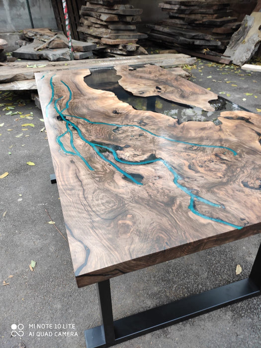 Walnut Dining Table, Epoxy Resin Table, Custom 70” x 36” Walnut Smokey Gray Table,  Epoxy River Phosphorus Glowing Table, Order for Suzette