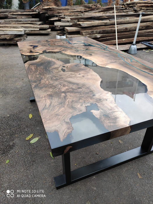 Walnut Dining Table, Epoxy Resin Table, Custom 70” x 36” Walnut Smokey Gray Table,  Epoxy River Phosphorus Glowing Table, Order for Suzette