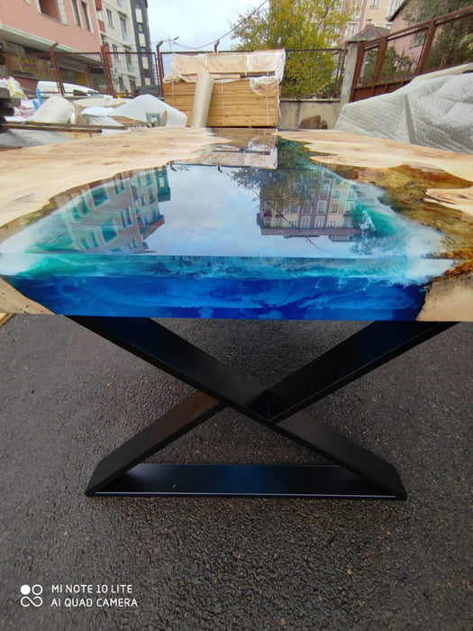 Ocean Table, Custom 72” x 42” Poplar Ocean Blue, Turquoise White Waves Epoxy Table, Epoxy River Dining Table, River Table, Order for Rebecca