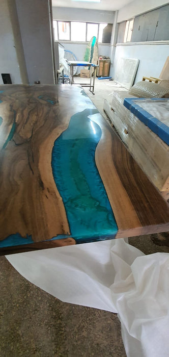 Unique Epoxy Table, Epoxy Table, Epoxy Dining Table, Custom 80” x 40” Walnut Wood Turquoise Green River Epoxy Dining Table, Order for Deb