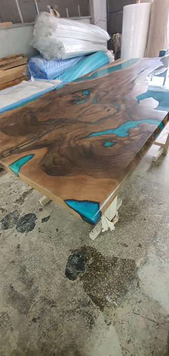 Unique Epoxy Table, Epoxy Table, Epoxy Dining Table, Custom 80” x 40” Walnut Wood Turquoise Green River Epoxy Dining Table, Order for Deb