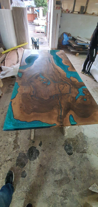 Unique Epoxy Table, Epoxy Table, Epoxy Dining Table, Custom 80” x 40” Walnut Wood Turquoise Green River Epoxy Dining Table, Order for Deb