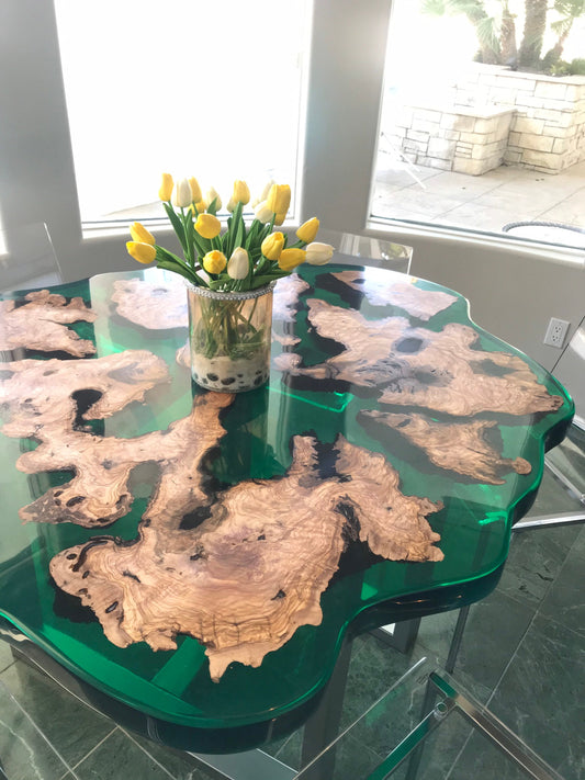 Epoxy Dining Table, Epoxy Resin Table, Custom 54” Diameter Round Olive Table, Turquoise Green Epoxy Irregular Table, Custom Order for Marlyn