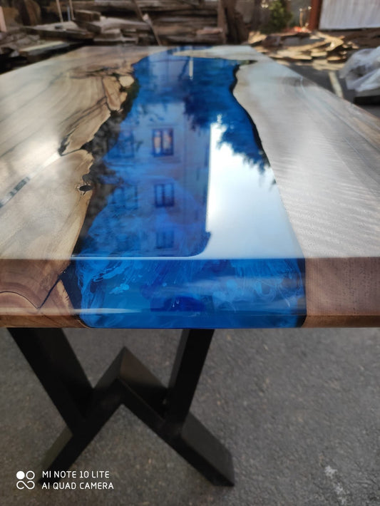 Epoxy Table, Epoxy Dining Table, Walnut Epoxy River Table, Custom 72” x 30” Walnut Blue Epoxy River Dining Table Order for Clinton