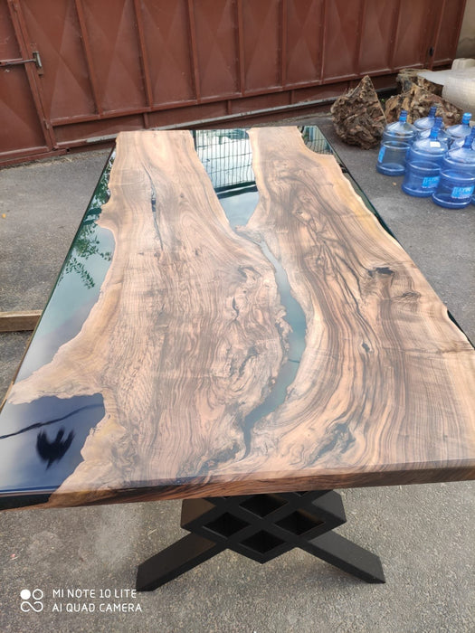 Walnut Dining Table, Custom 84” x 42” Walnut Transparent Turquoise Green Table, Epoxy Dining Table, Live Edge Table, Custom  for Stephanie