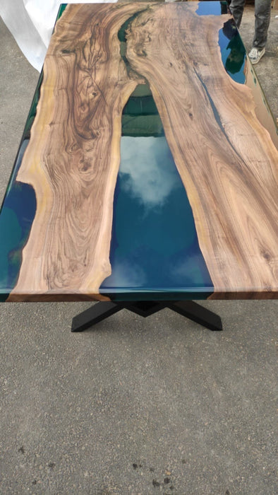 Walnut Dining Table, Custom 84” x 42” Walnut Transparent Turquoise Green Table, Epoxy Dining Table, Live Edge Table, Custom  for Stephanie