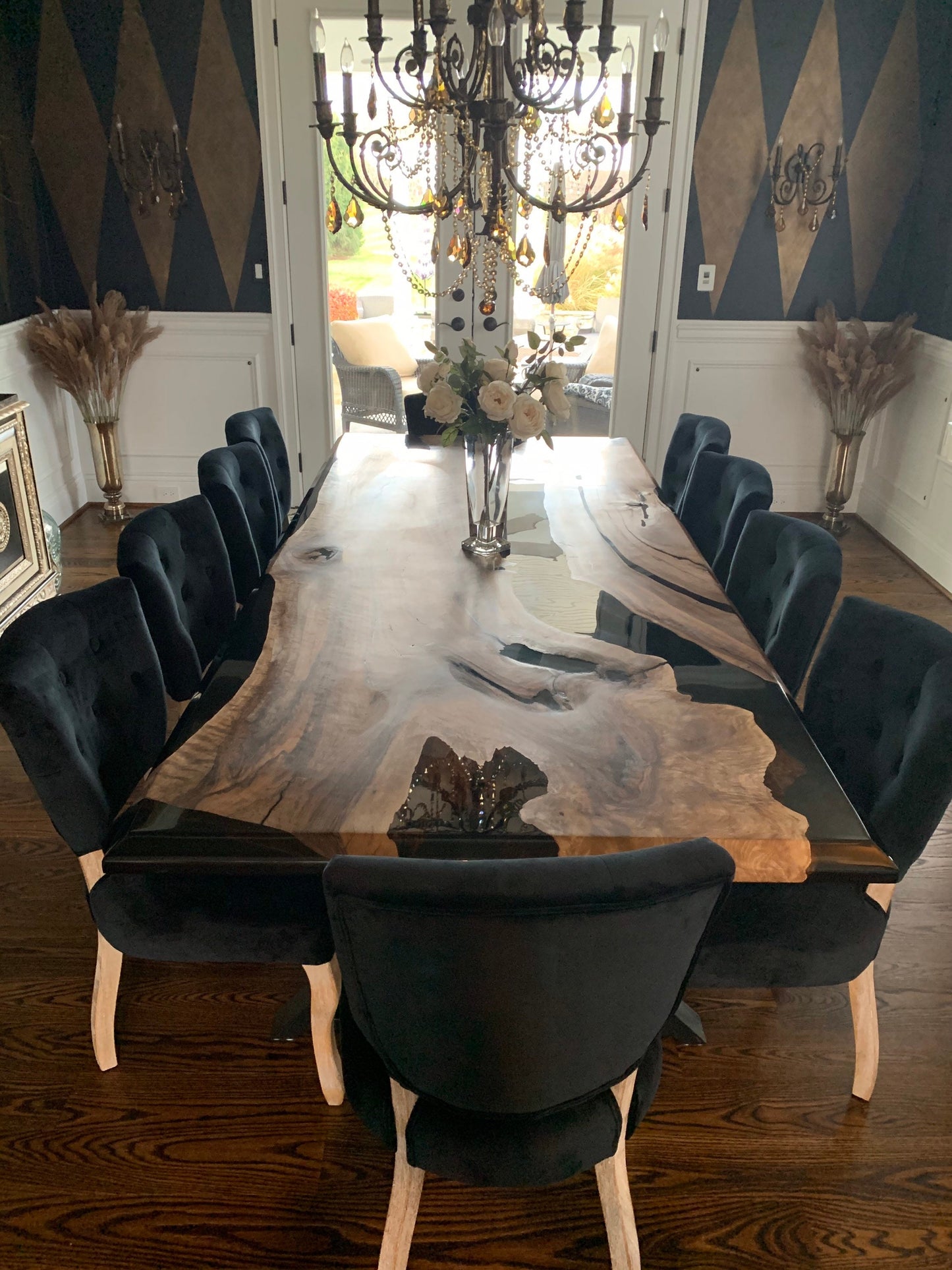 Epoxy Table, Epoxy Dining Table, Walnut Epoxy River Table, Custom 100” x 44” Walnut Black Epoxy River Table Order for Amy B