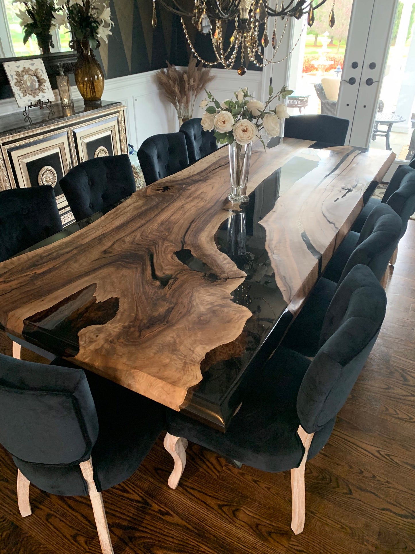 Epoxy Table, Epoxy Dining Table, Walnut Epoxy River Table, Custom 100” x 44” Walnut Black Epoxy River Table Order for Amy B