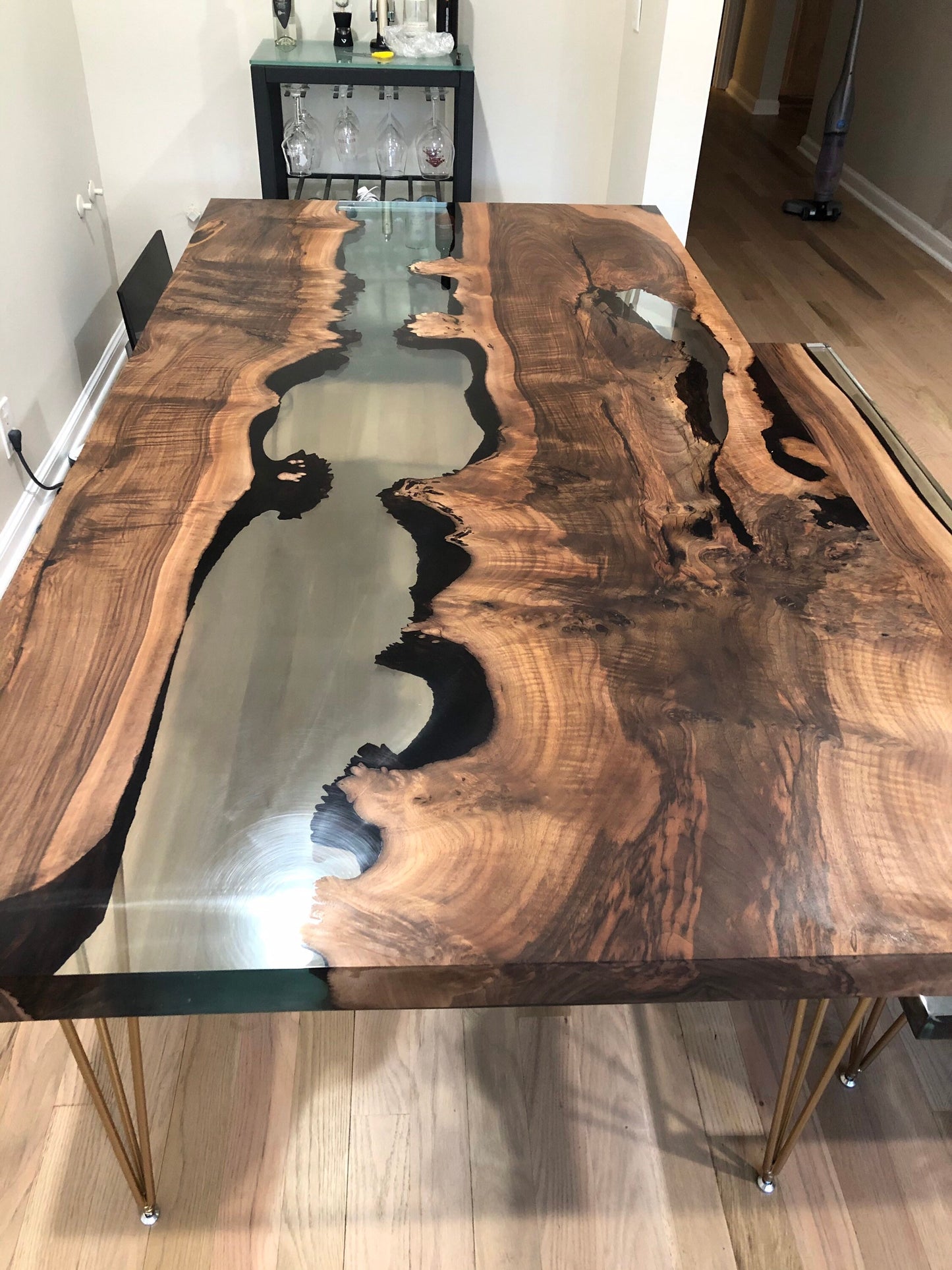 Epoxy Dining Table, Epoxy Resin Table, Custom 72” x 36” Walnut Clear Table, Epoxy River Dining Table, Custom Order with Bench for Jean