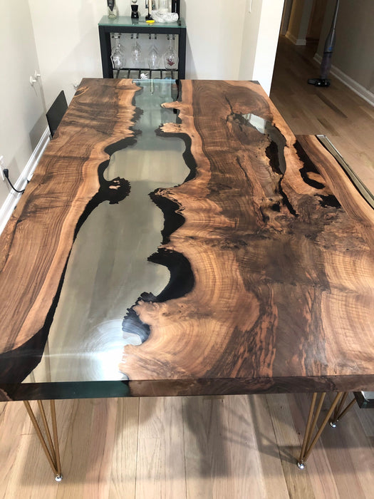 Epoxy Dining Table, Epoxy Resin Table, Custom 72” x 36” Walnut Clear Table, Epoxy River Dining Table, Custom Order with Bench for Jean