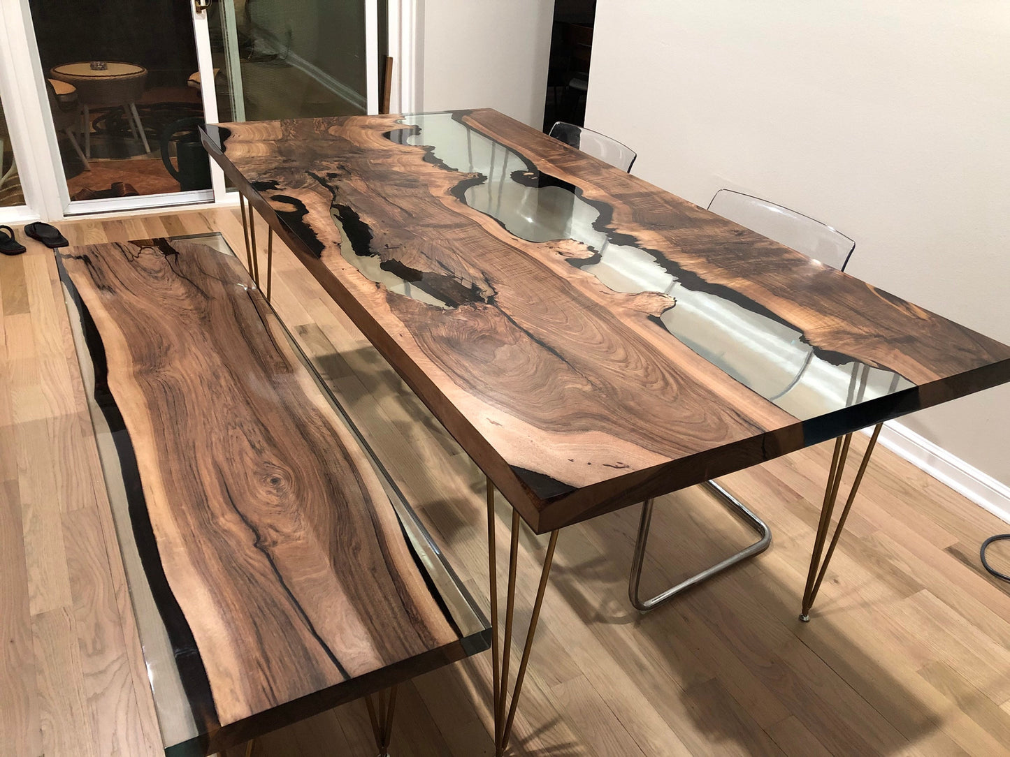 Epoxy Dining Table, Epoxy Resin Table, Custom 72” x 36” Walnut Clear Table, Epoxy River Dining Table, Custom Order with Bench for Jean