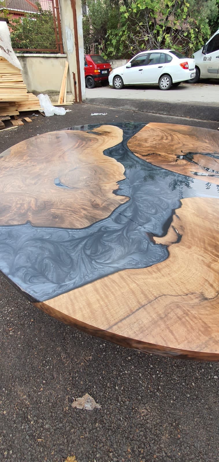 Epoxy Coffee Table, Epoxy Dining Table, Epoxy Resin Table, Custom 45” Diameter Round Walnut Wood Metallic Gray Epoxy Table Order for Daniela