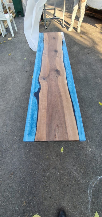 Handmade Epoxy Table, Epoxy Dining Table, Epoxy Resin Table, Custom 74” x 17” Walnut Blue Epoxy, River Dining Table Bench Order for Connie