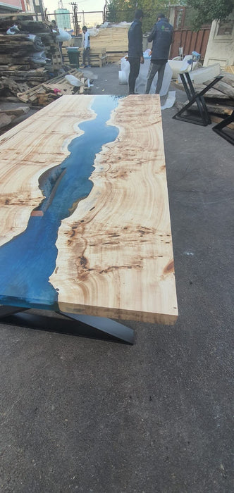 Poplar Table, Epoxy Resin Table, Live Edge Table, River Table, Custom 96” x 42” Poplar Wood Blue Table, Epoxy Dining Table, Custom Table