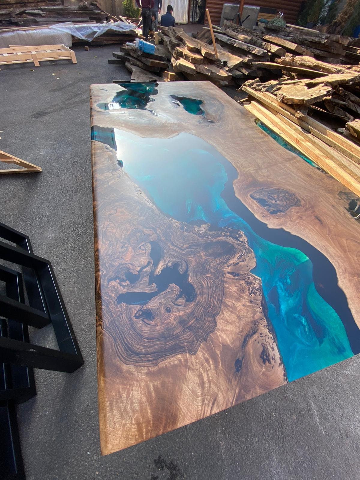 Walnut Dining Table, Custom 90” x 24” Walnut Blue, Turquoise, Green Table, Epoxy Dining Table, WoodenRiver Table, Custom for Alison John