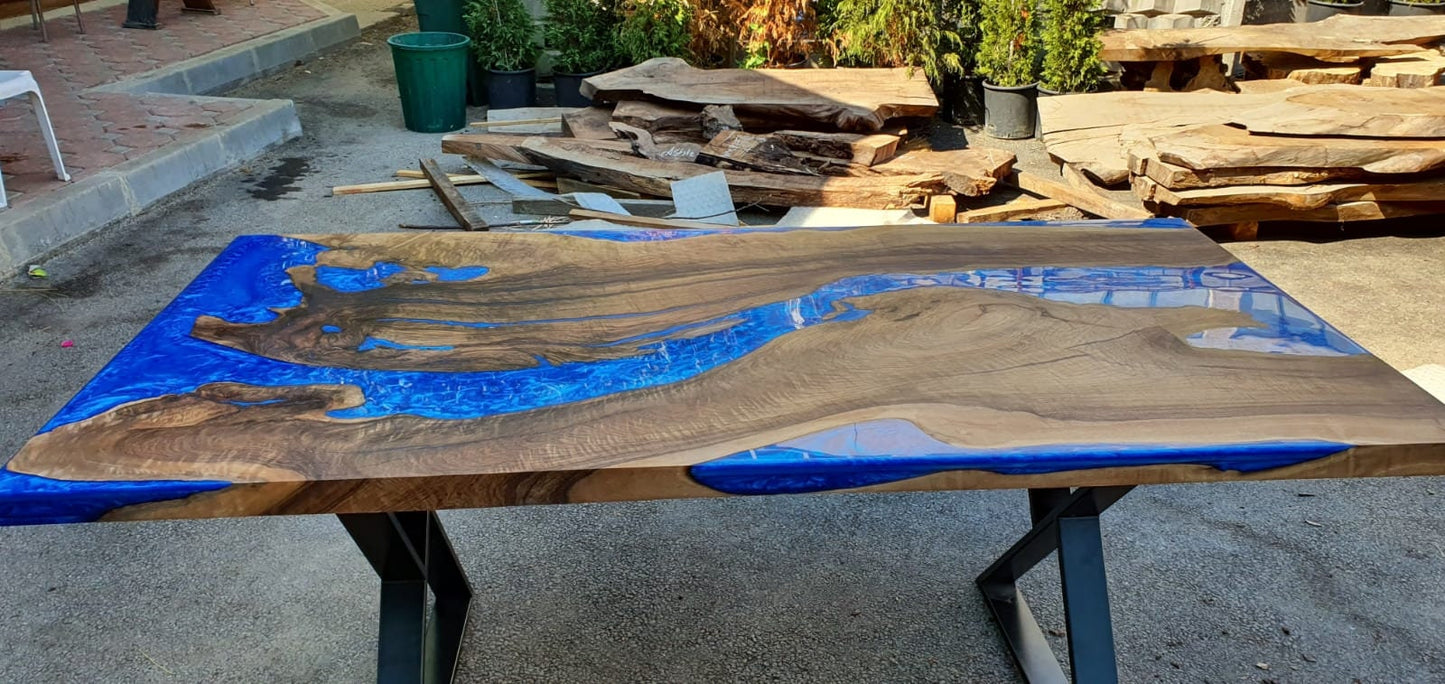 Epoxy Dining Table, Custom 80” x 38” Walnut Blue Table, Epoxy River Table, Live Edge Table, Epoxy Resin, Custom Order for Gloria