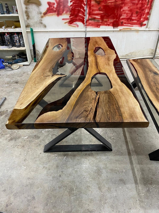 Handmade Epoxy Table, Custom 72” x 36” Walnut Smokey Gray Table, Epoxy Dining Table, River Table, Custom  Order with Bench for Jasmine G