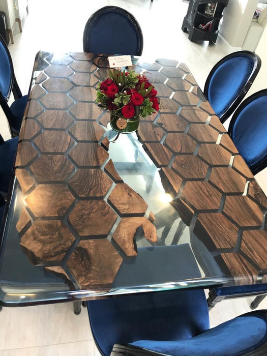 Epoxy Table, Epoxy Dining Table, Walnut Epoxy Table, Custom 72” x 44” Clear Epoxy Table,  Hexagon Honeycomb Walnut Table for Kristin F