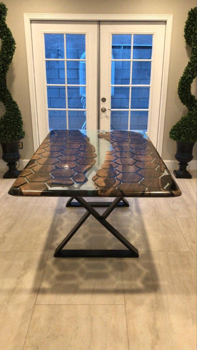 Epoxy Table, Epoxy Dining Table, Walnut Epoxy Table, Custom 72” x 44” Clear Epoxy Table,  Hexagon Honeycomb Walnut Table for Kristin F