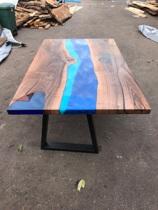 Live Edge Table, Epoxy Resin Table, River Table, Custom 60” x 36” Walnut Blue Table, Turquoise Epoxy River Dining Table, Order for Carol C