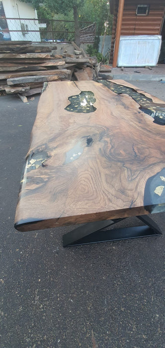 Custom 65”x 36” Walnut Smoke Epoxy Table, Live Edge Table, White Epoxy River Table with Gold Leaf Order for Daryll