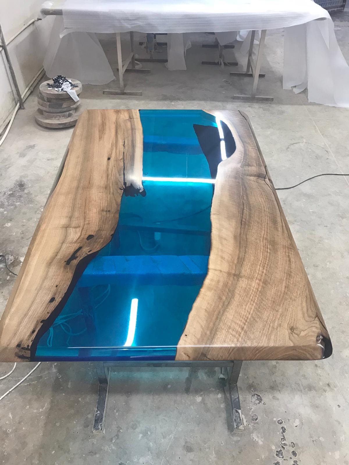 Handmade Epoxy Table, Custom 60” x 36” Walnut Sky Blue Table, Epoxy River Dining Table, Live Edge Table, Wooden Table, Order for Corey