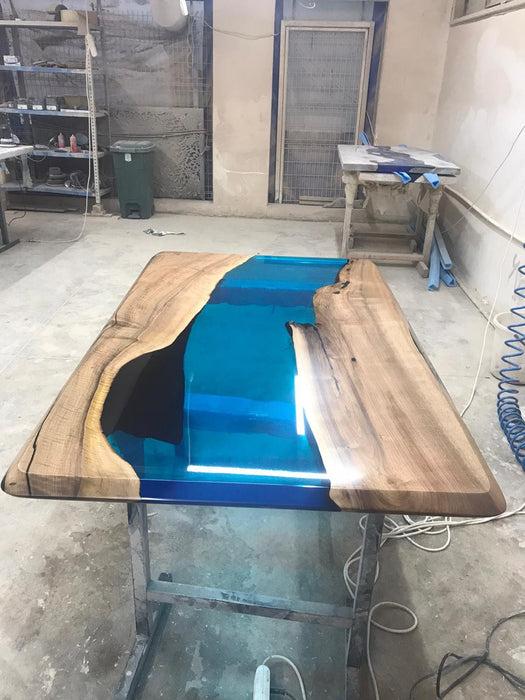 Handmade Epoxy Table, Custom 60” x 36” Walnut Sky Blue Table, Epoxy River Dining Table, Live Edge Table, Wooden Table, Order for Corey