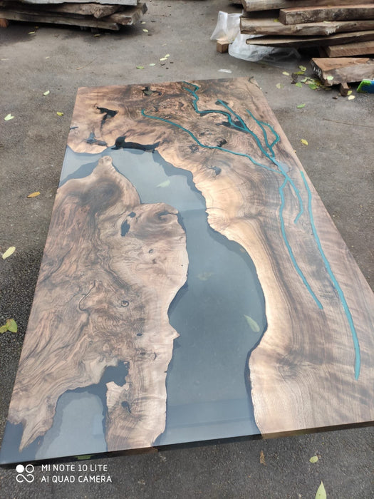 Walnut Dining Table, Epoxy Resin Table, Custom 70” x 36” Walnut Smokey Gray Table,  Epoxy River Phosphorus Glowing Table, Order for Suzette