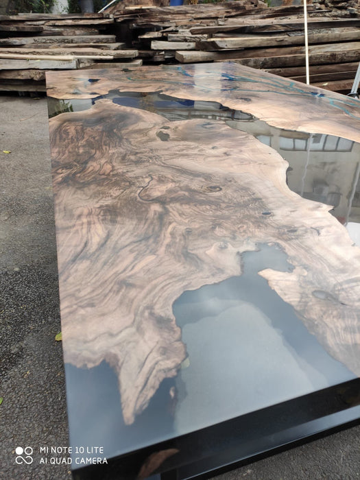 Walnut Dining Table, Epoxy Resin Table, Custom 70” x 36” Walnut Smokey Gray Table,  Epoxy River Phosphorus Glowing Table, Order for Suzette