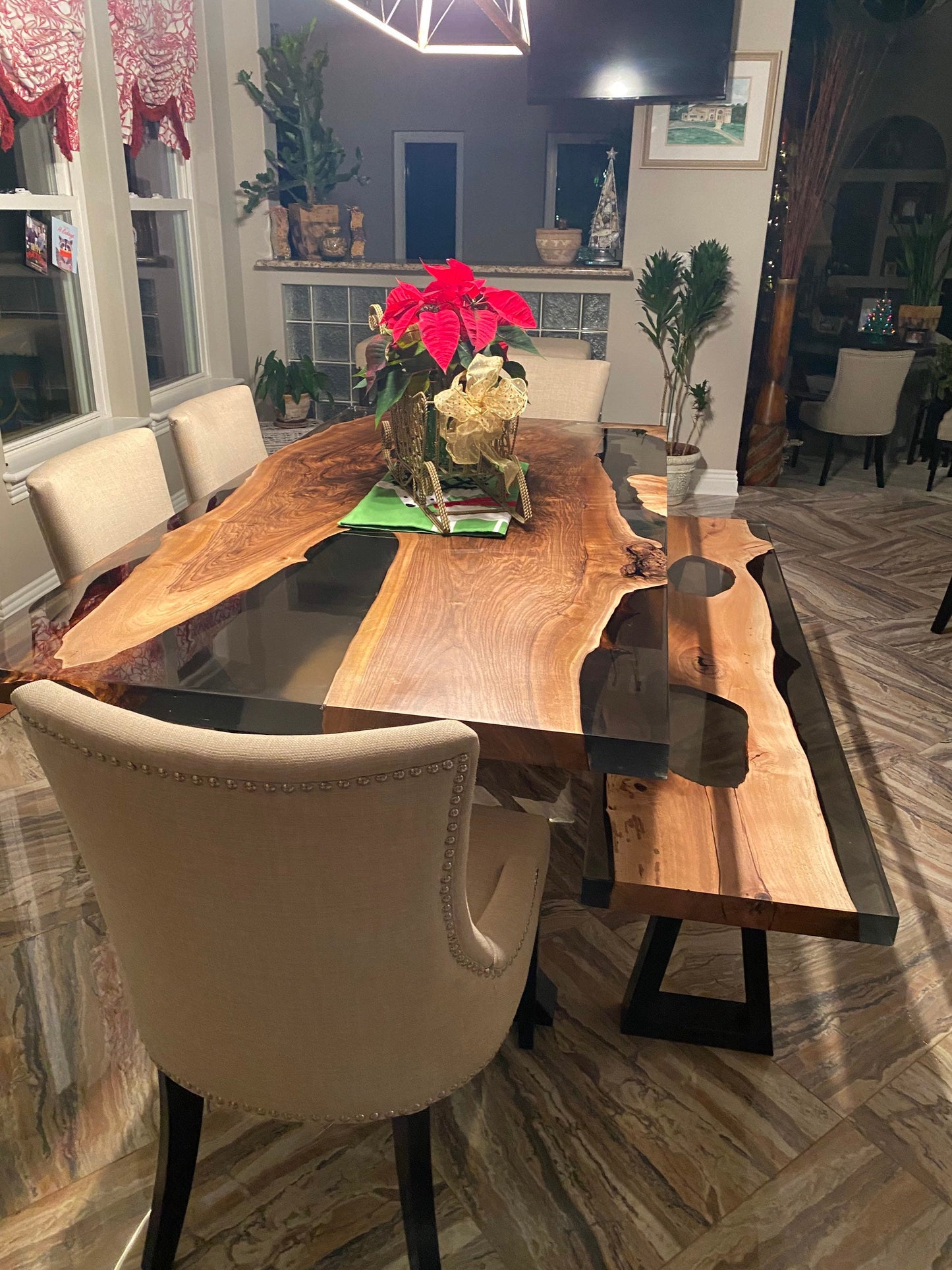 Epoxy Resin Table, Epoxy Dining Table, Walnut Epoxy River Table, Custom 80” x 40” Walnut Epoxy Dining Table, Order with Bench for Tami