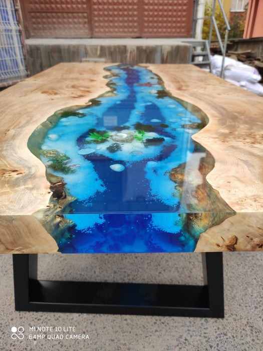 Epoxy Dining Table, Epoxy Table, Poplar Ocean Aquarium  Blue, Turquoise White Epoxy River Dining Table, Custom 60” x 30” Order for Stacey
