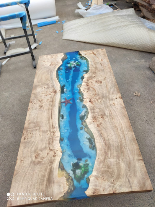 Epoxy Dining Table, Epoxy Table, Poplar Ocean Aquarium  Blue, Turquoise White Epoxy River Dining Table, Custom 60” x 30” Order for Stacey