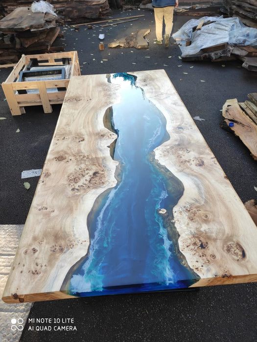 Epoxy Table, Epoxy Dining Table, Poplar Epoxy River Table, Custom 85” x 36” Poplar Wood Blue and Turquoise Epoxy Office Desk Table, for Clay