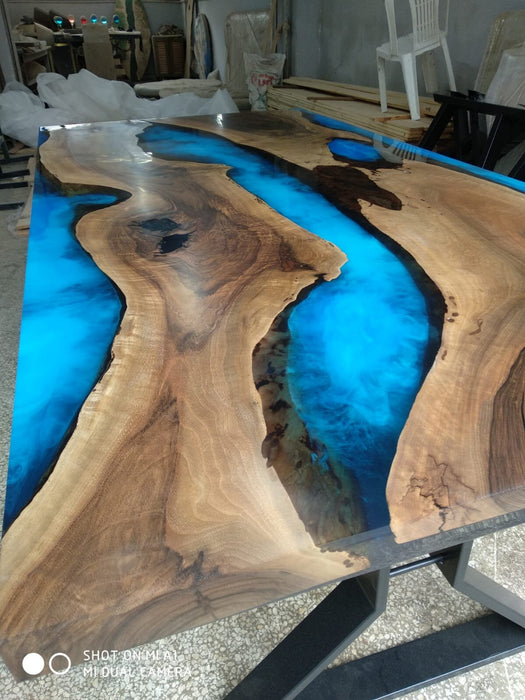 Handmade Epoxy Table, Custom 78” x 40” Walnut Blue Epoxy Table, Epoxy River Table, Live Edge Table, Wooden Table, Custom Order for Shafique