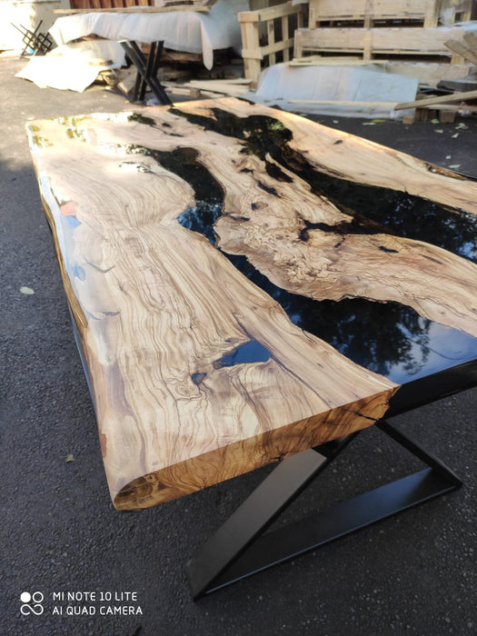 Epoxy Dining Table, Olive Wood Dining Table, Custom 72" x 36" Olive Wood Black Epoxy Table, Custom Order for Daniel