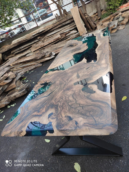 Walnut Dining Table, Wooden Table, Custom 96” x 36” Walnut Deep Ocean Turquoise Green Table, Epoxy River Dining Table, Order for Carmelita