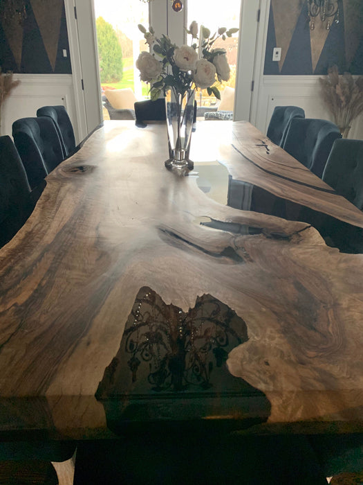 Epoxy Table, Epoxy Dining Table, Walnut Epoxy River Table, Custom 100” x 44” Walnut Black Epoxy River Table Order for Amy B